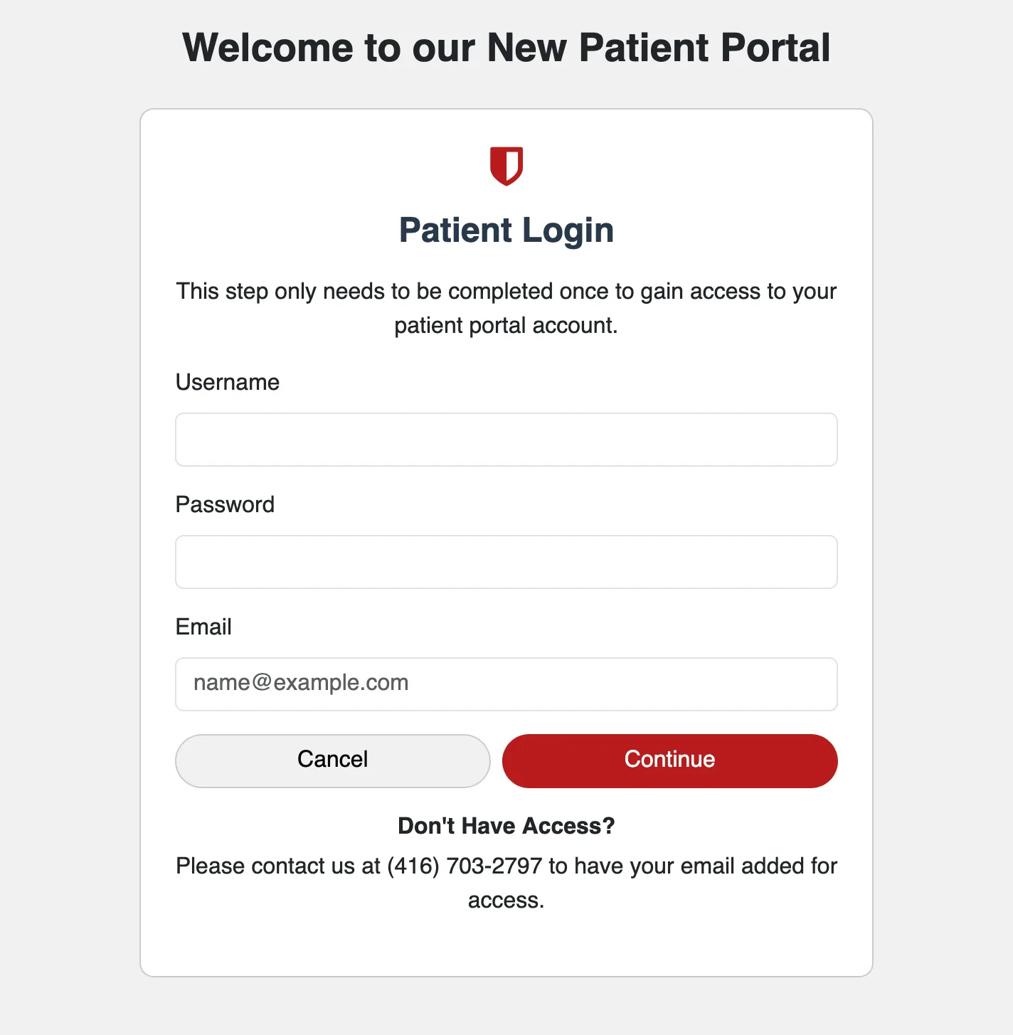 Patient portal login form with fields for username and password.