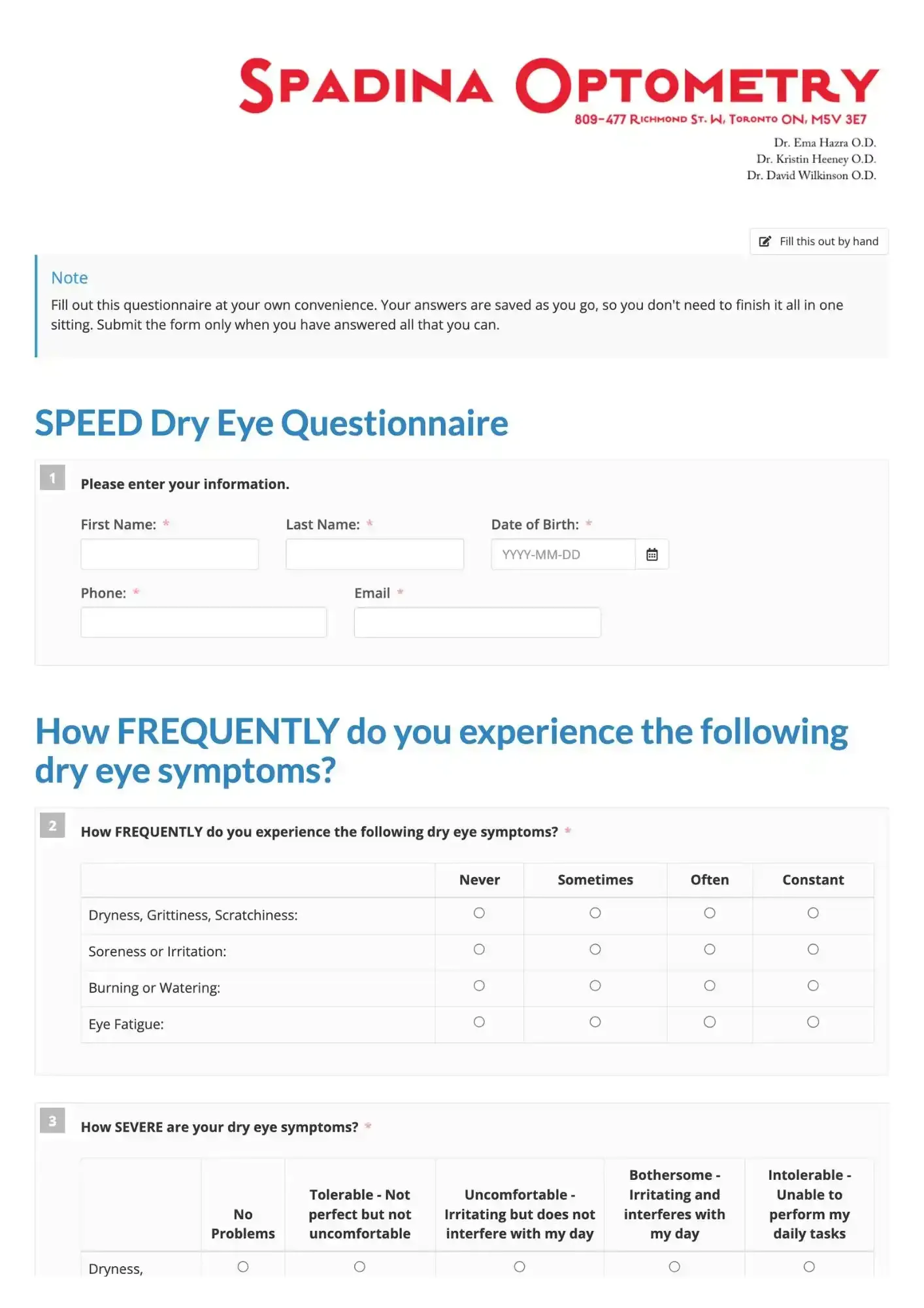 A screenshot of a dry eye questionnaire from Spadina Optometry.