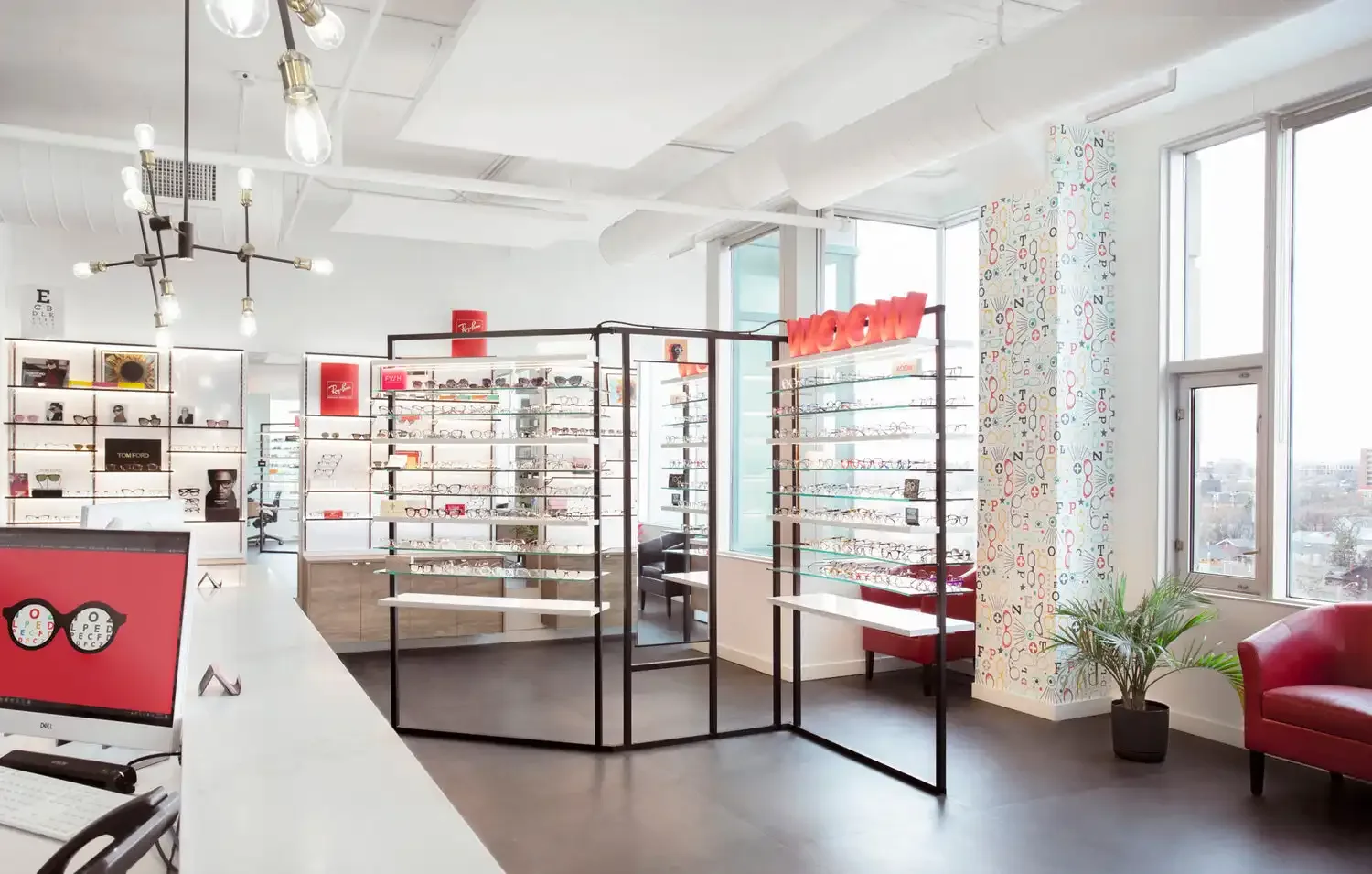 Interior of Spadina Optometry clinic with eyeglass displays.