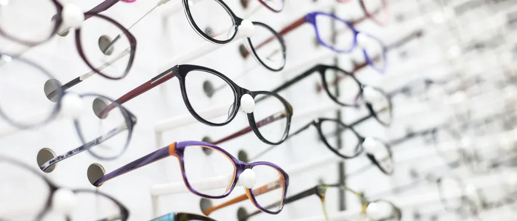 A variety of eyeglasses displayed on a rack.