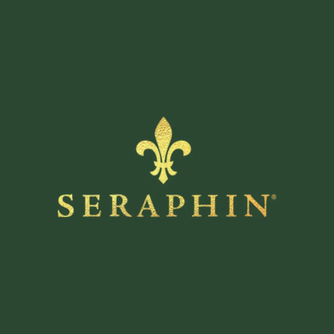 Gold Seraphin logo on dark green background.