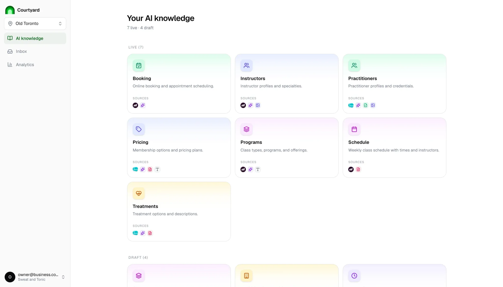 Dashboard interface for managing AI knowledge categories.
