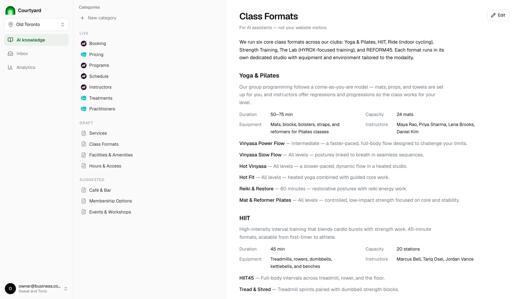 A class format dashboard for Courtyard's fitness offerings.