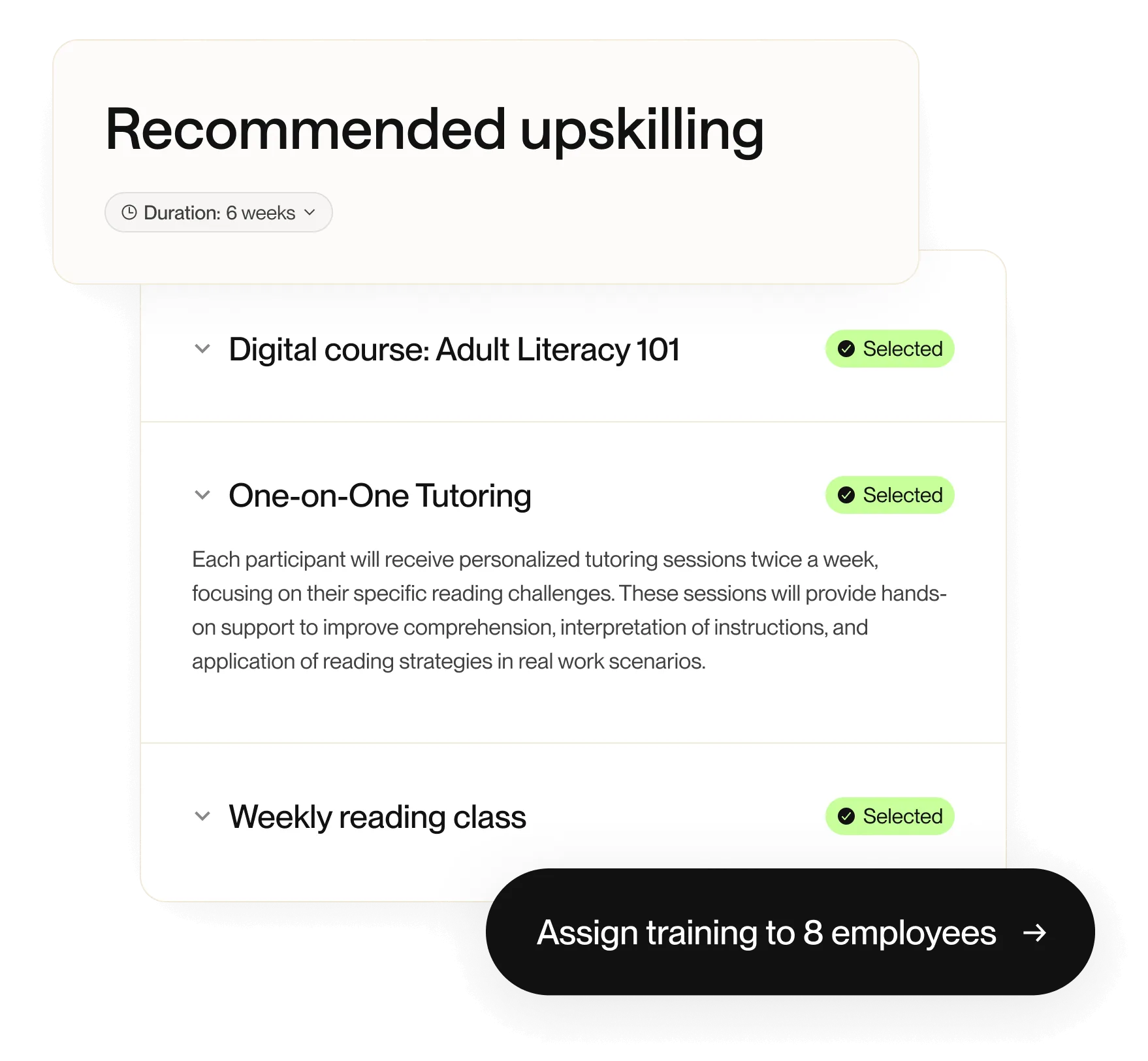User interface for upskilling recommendations and course options.