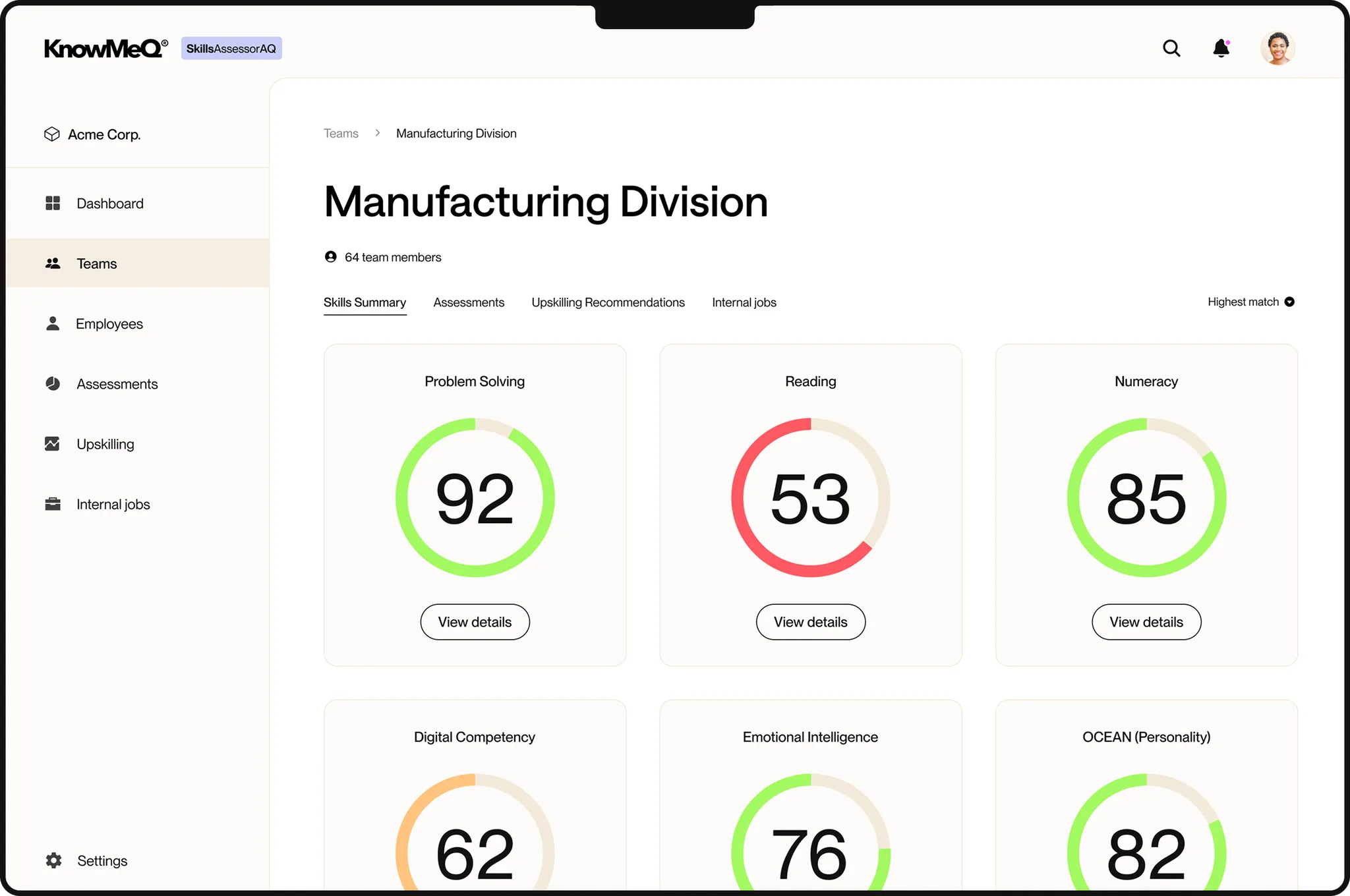 Skills assessment dashboard for a manufacturing division.