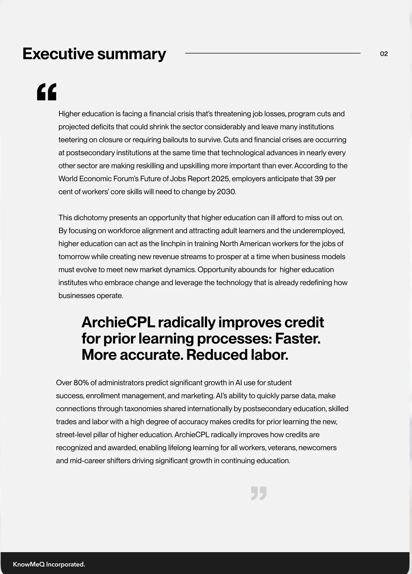 Screenshot of an executive summary discussing higher education challenges.