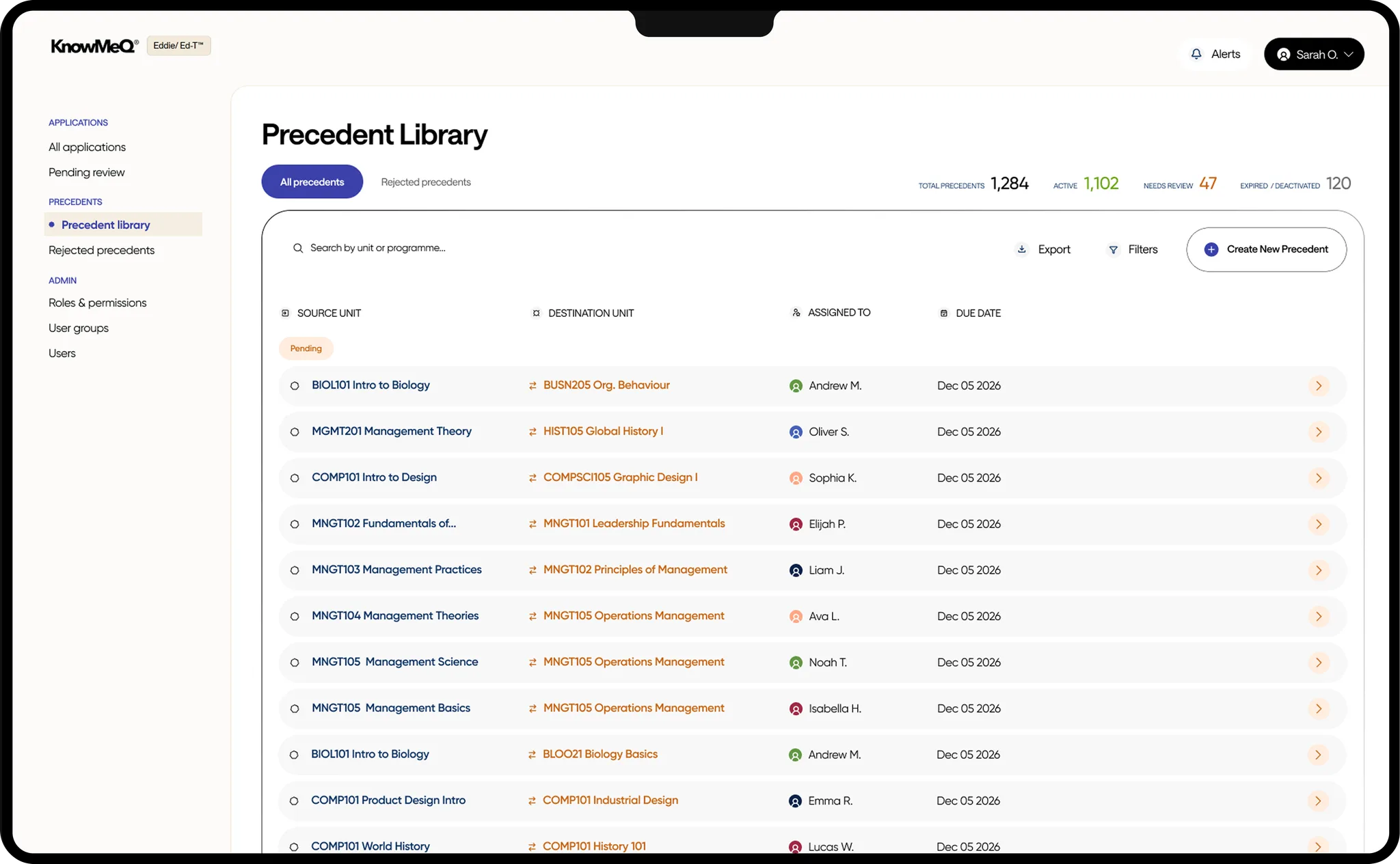 Screenshot of KnowMeQ's Precedent Library interface.