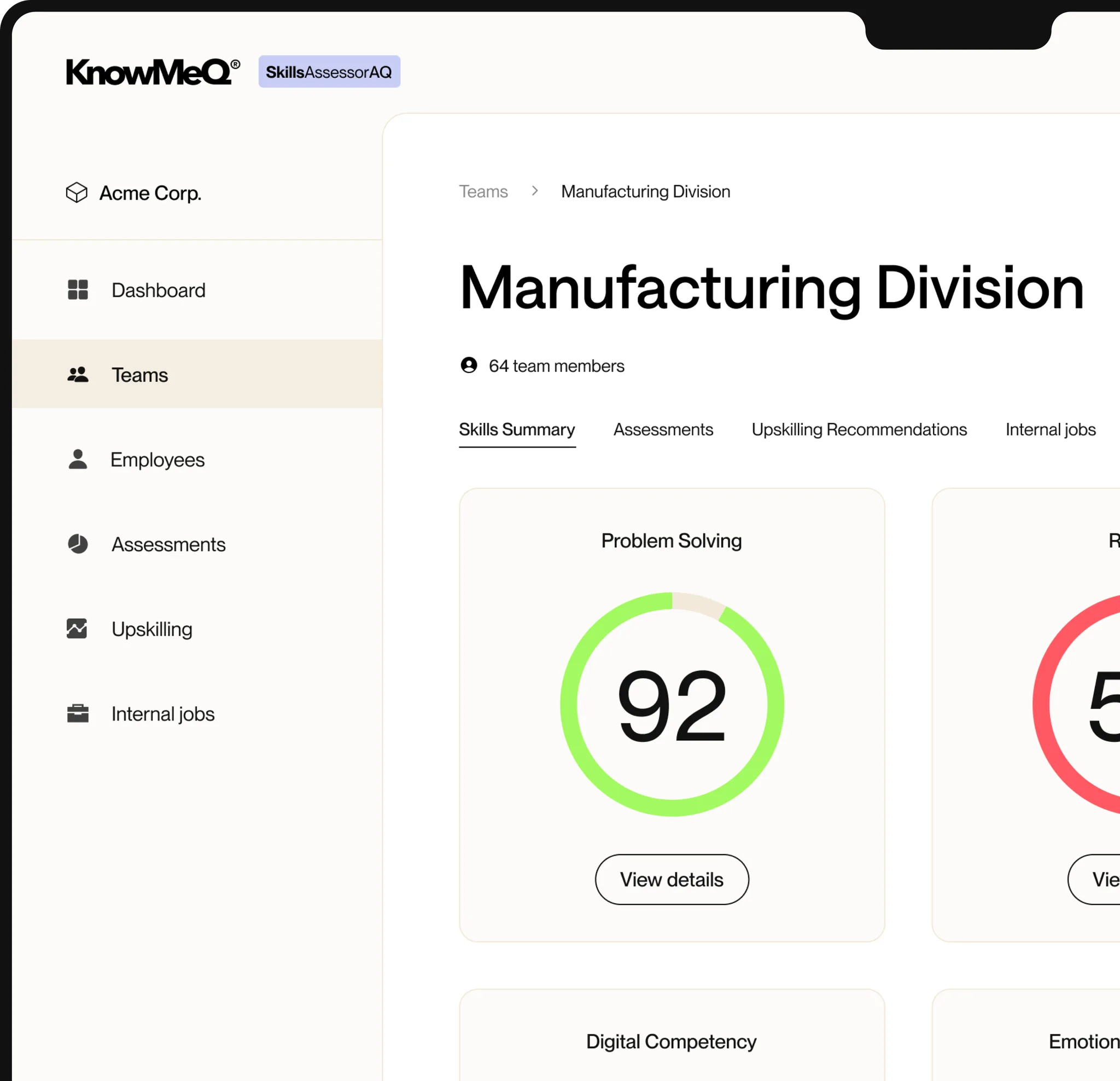 Dashboard interface showing skills assessment metrics for a team.