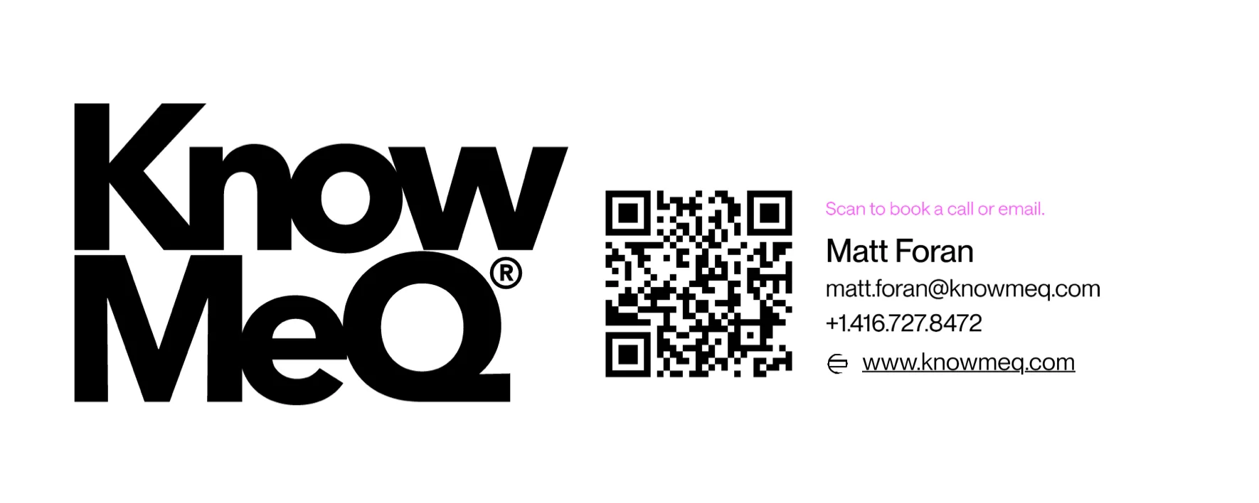 Logo of KnowMeQ with contact details and QR code.