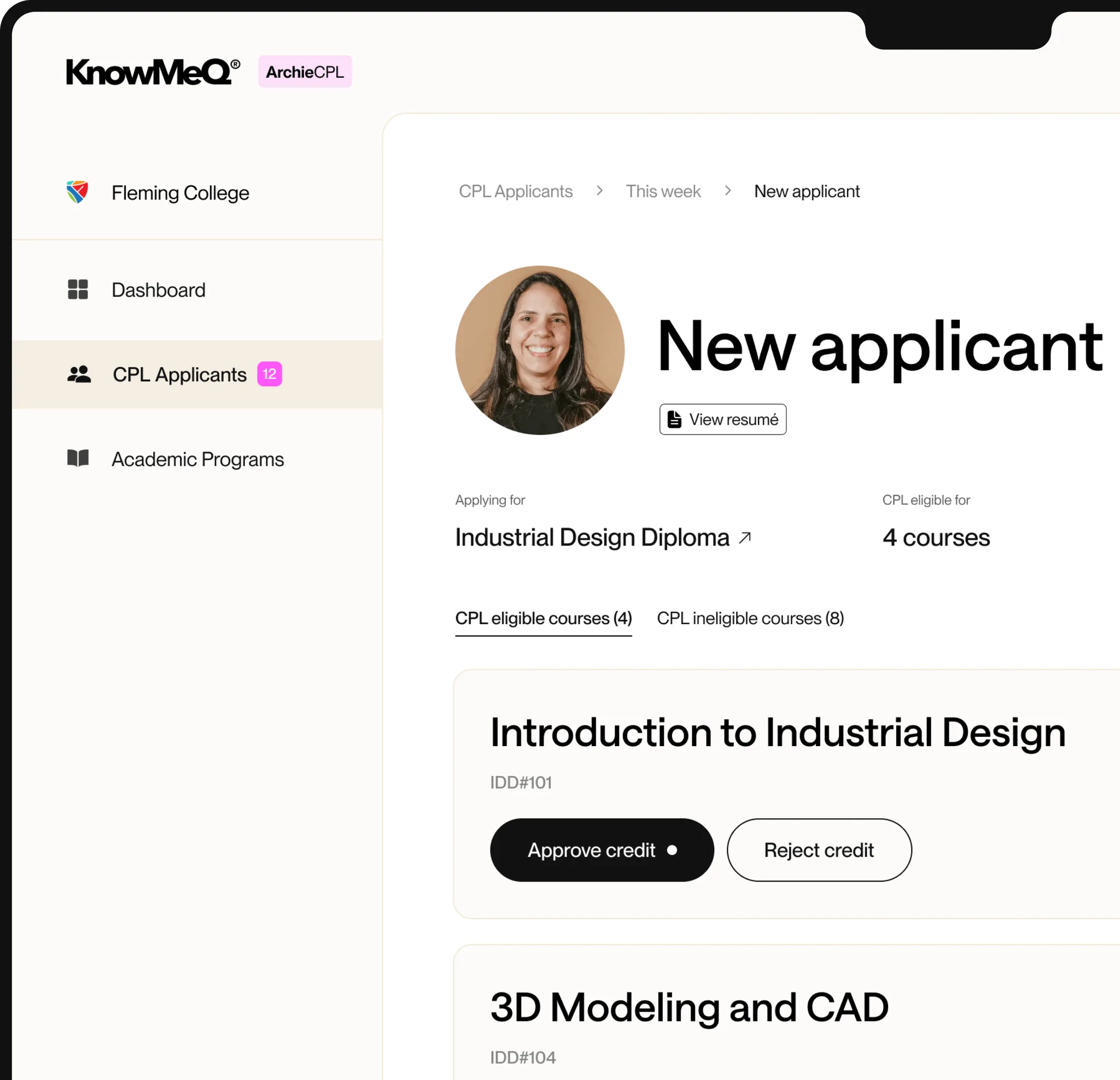 Dashboard interface showing CPL applicant details.