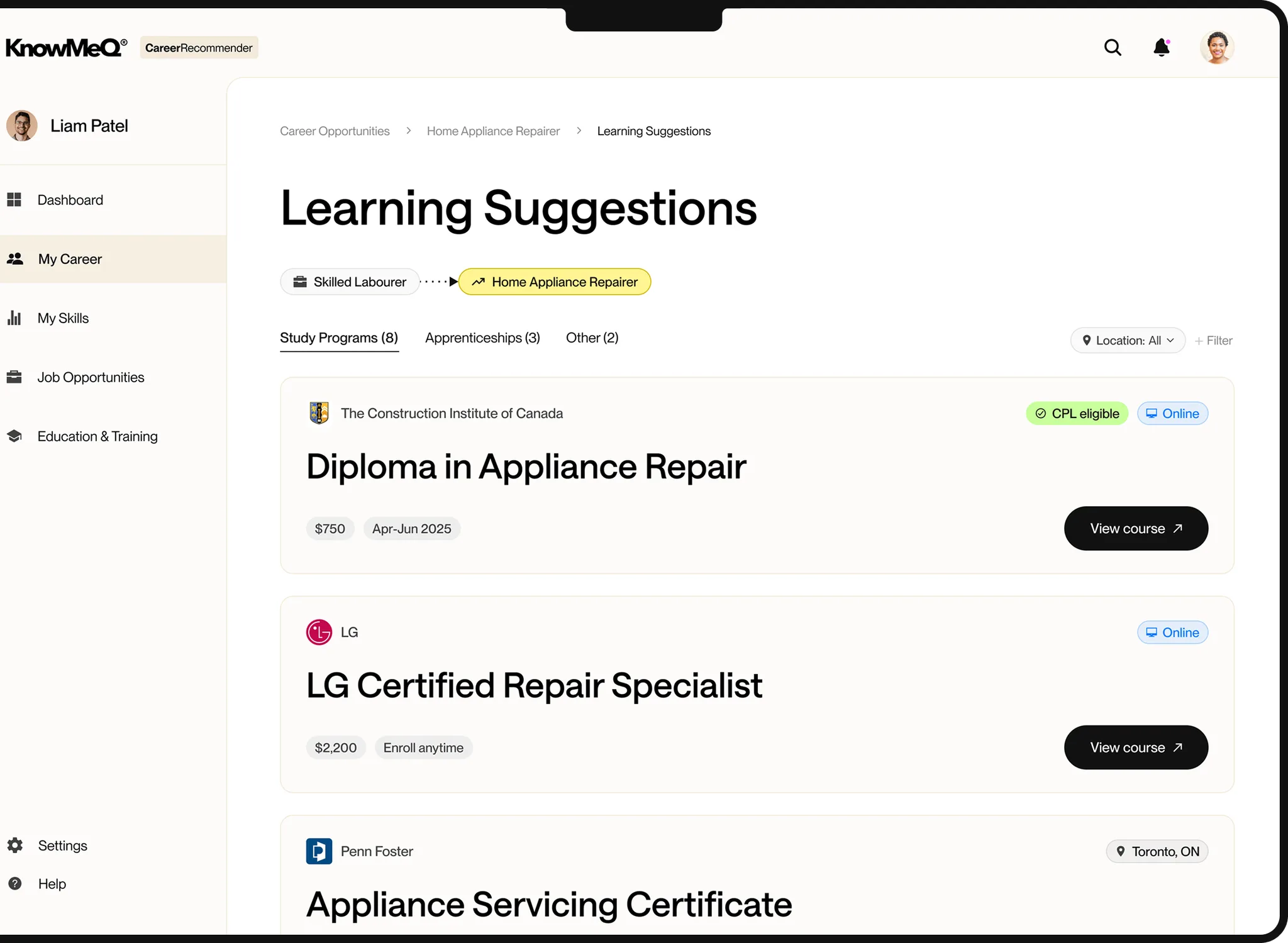 Dashboard interface showing career learning suggestions and courses.