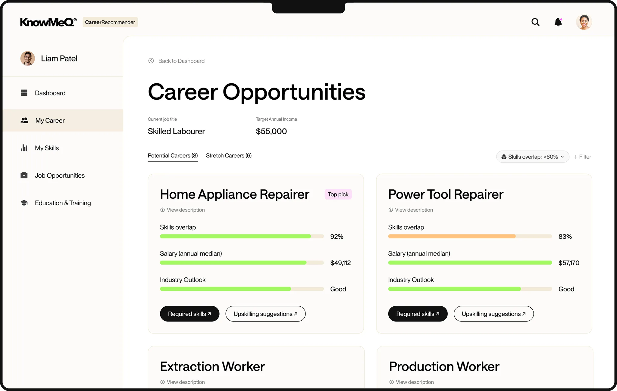 Career opportunities dashboard with salary and skills information.
