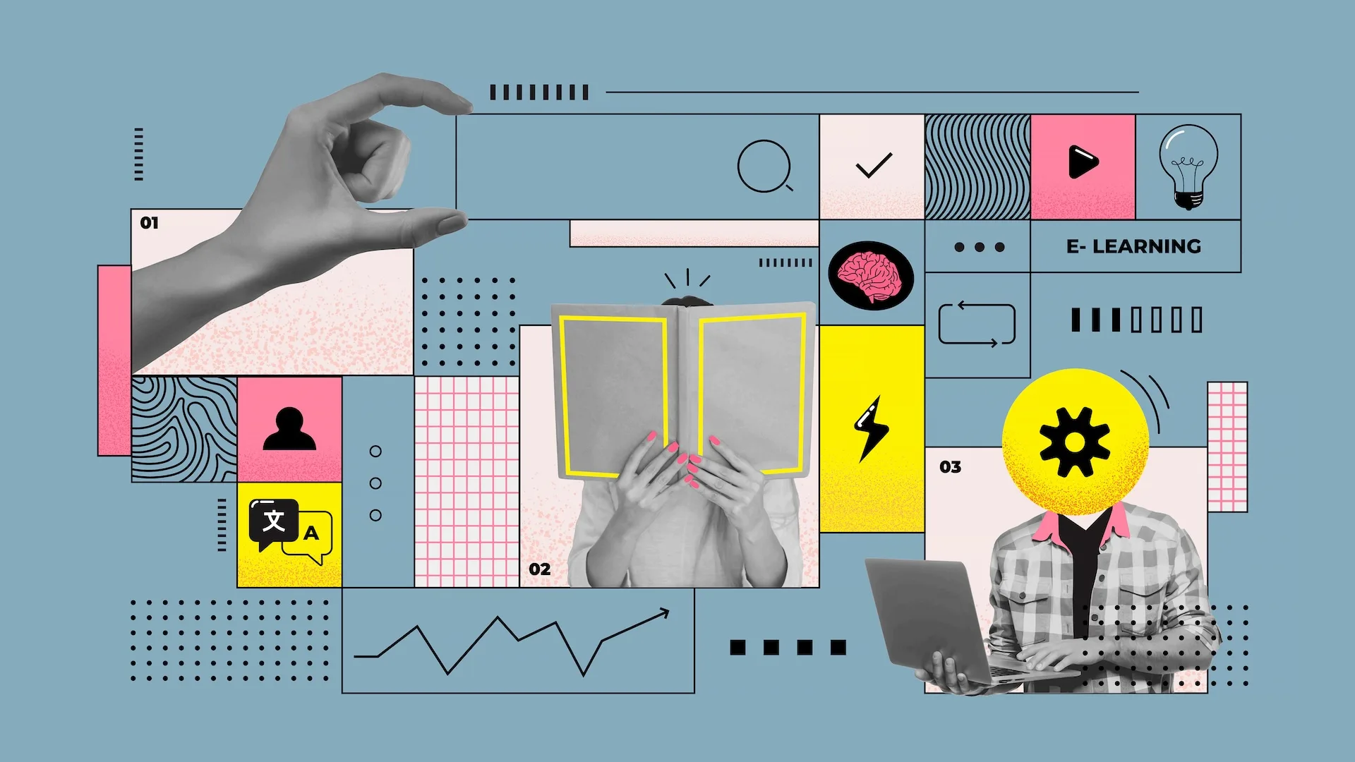 A graphic representing e-learning concepts with books and icons.