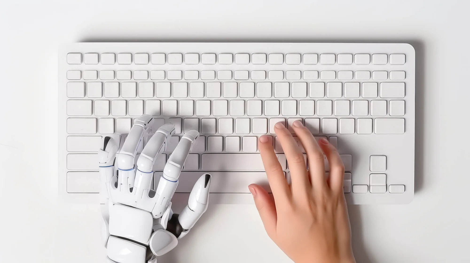 A robotic hand and a human hand typing on a keyboard.