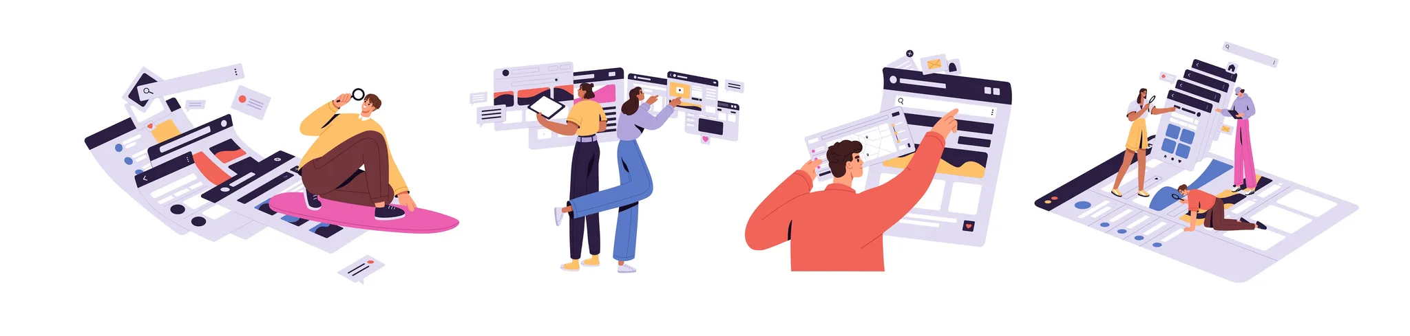 Illustrations depicting various eLearning scenarios and interactions.