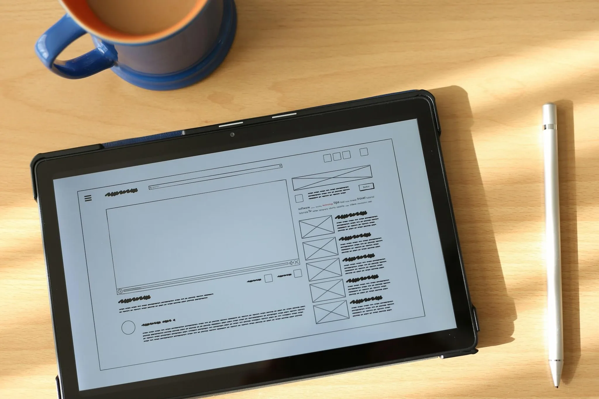 A tablet displaying a wireframe design for a website.