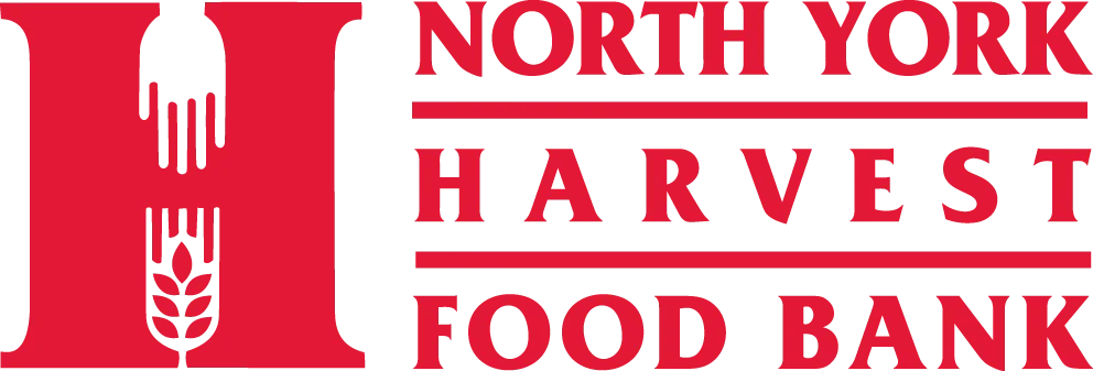 Logo of North York Harvest Food Bank in red and white.