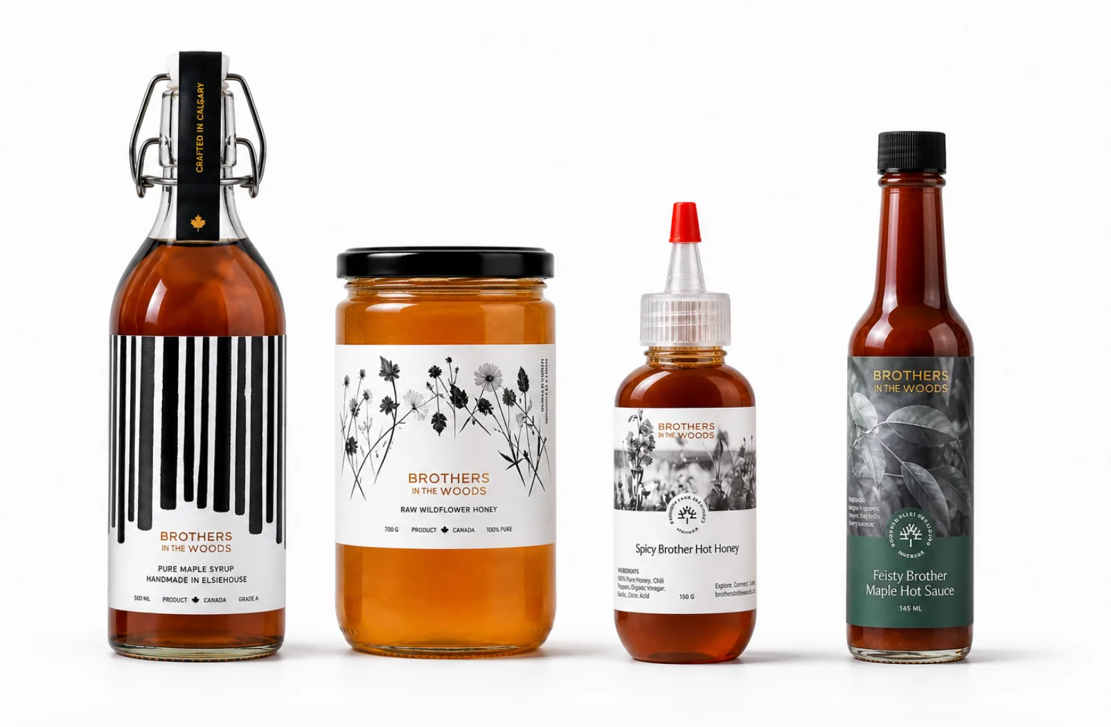 A variety of handcrafted maple syrup and honey products.