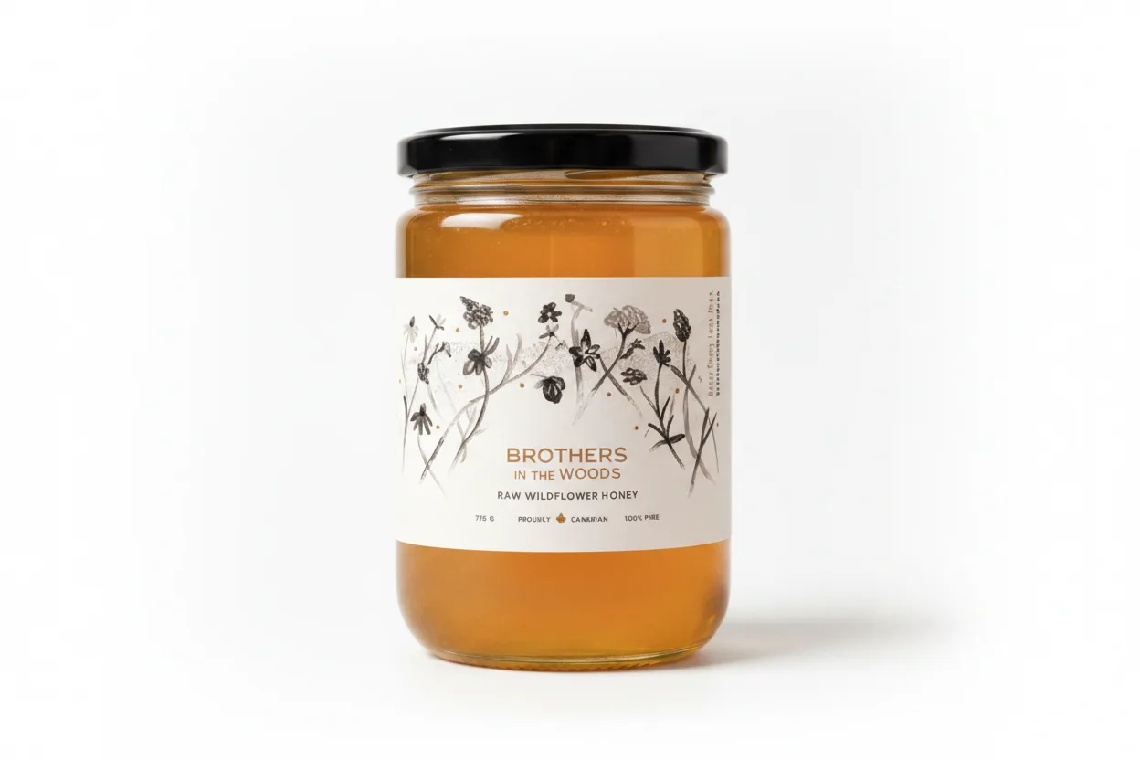 Jar of raw wildflower honey with decorative label.