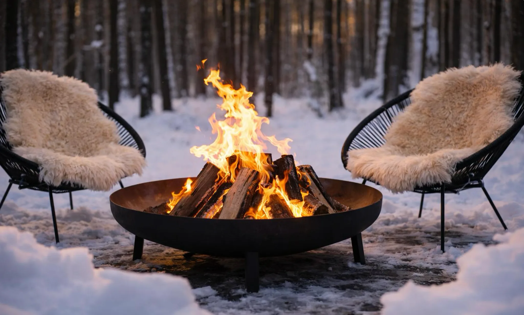 Outdoor fire pit with snow and chairs in a forest setting.