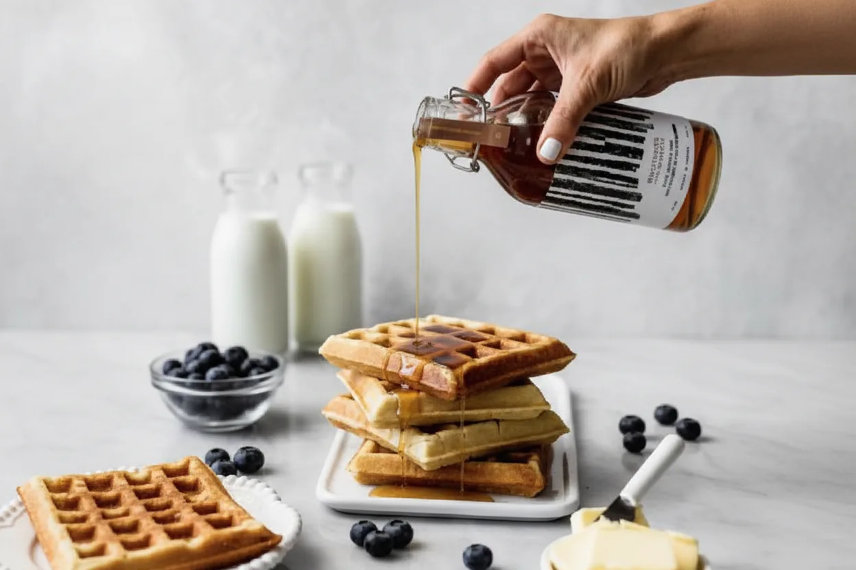 A hand pouring maple syrup over stacked waffles.