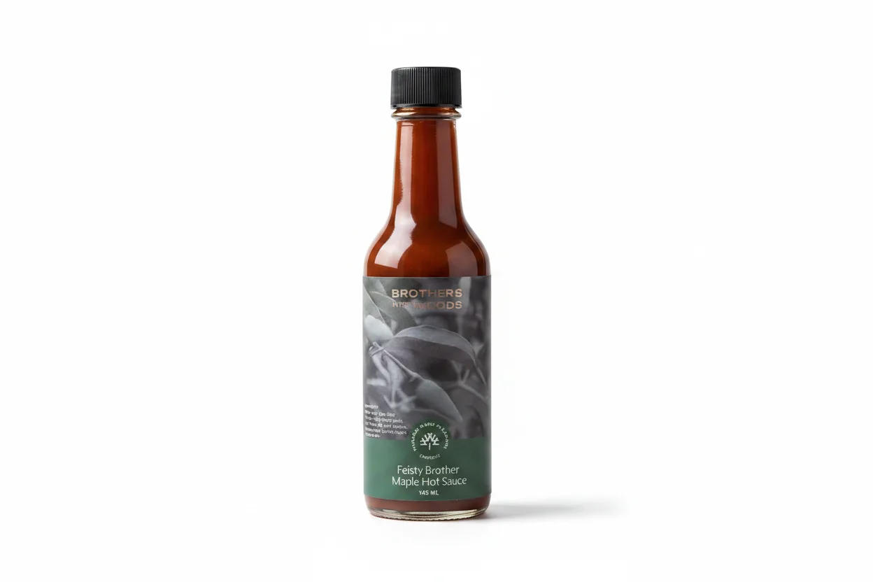 Bottle of Feisty Brother Maple Hot Sauce on a white background.