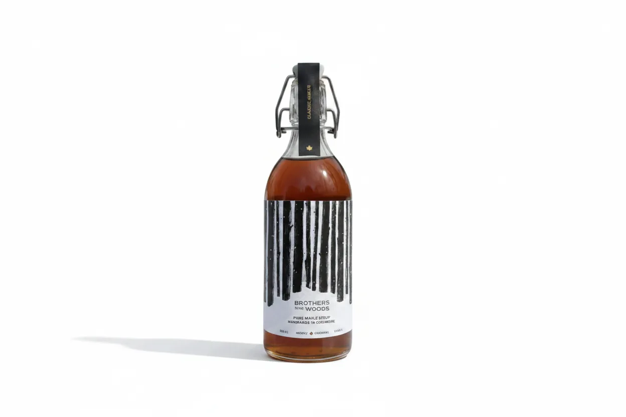 Bottle of classic amber maple syrup from Brothers in the Woods