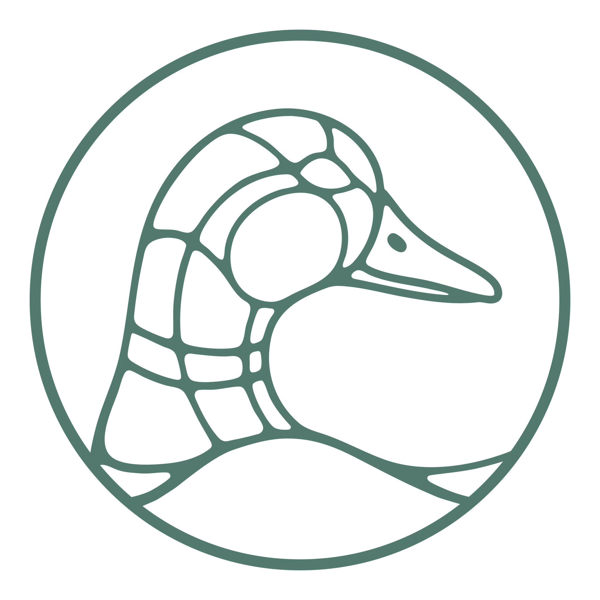 Stylized duck head logo in green outline.