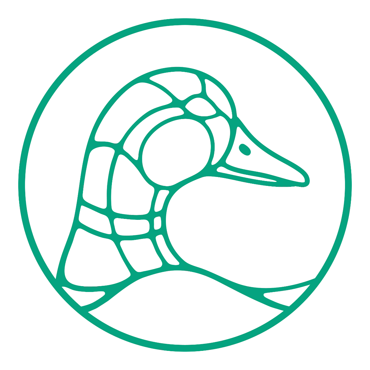 A green circular logo of a duck's head.