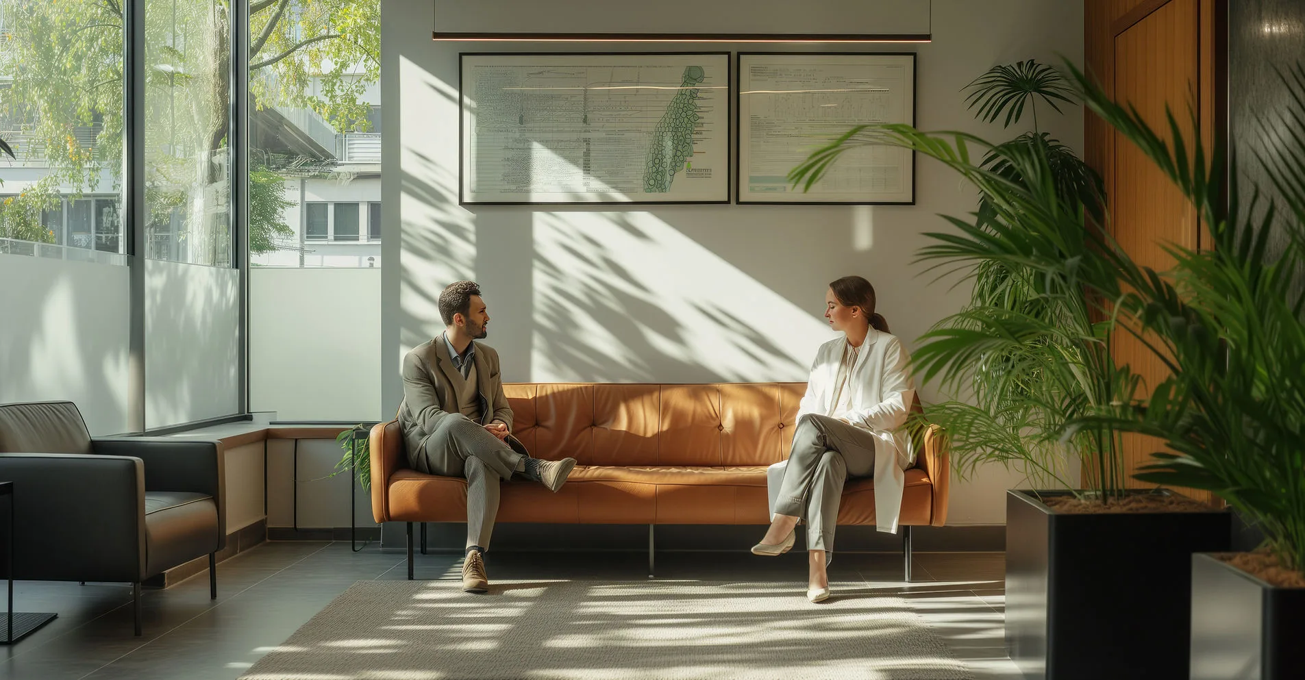 A modern therapy waiting room with two people sitting.