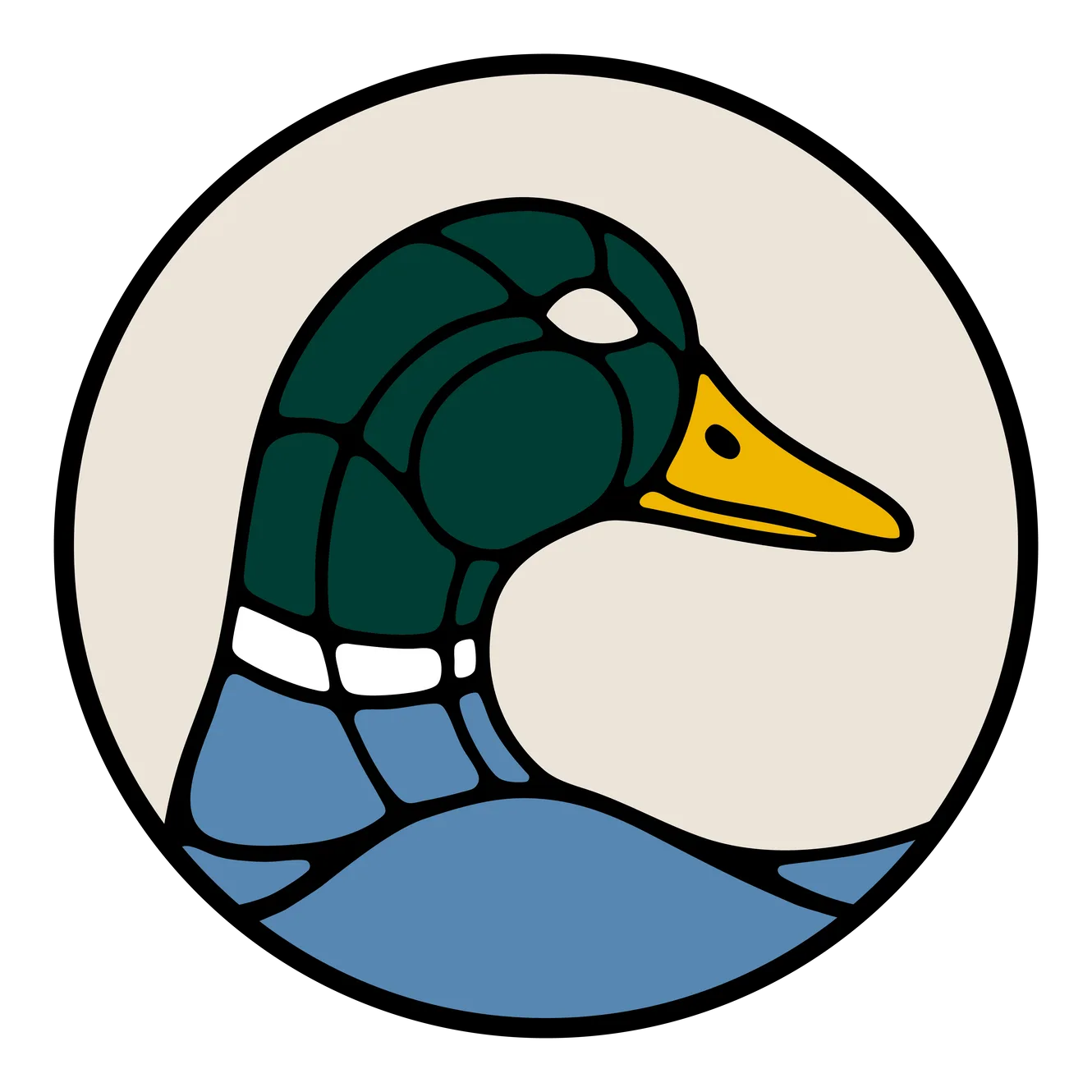 Stylized logo of a male mallard duck's head
