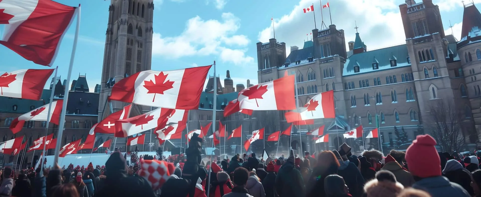 A crowd waves Canadian flags in front of a government building.