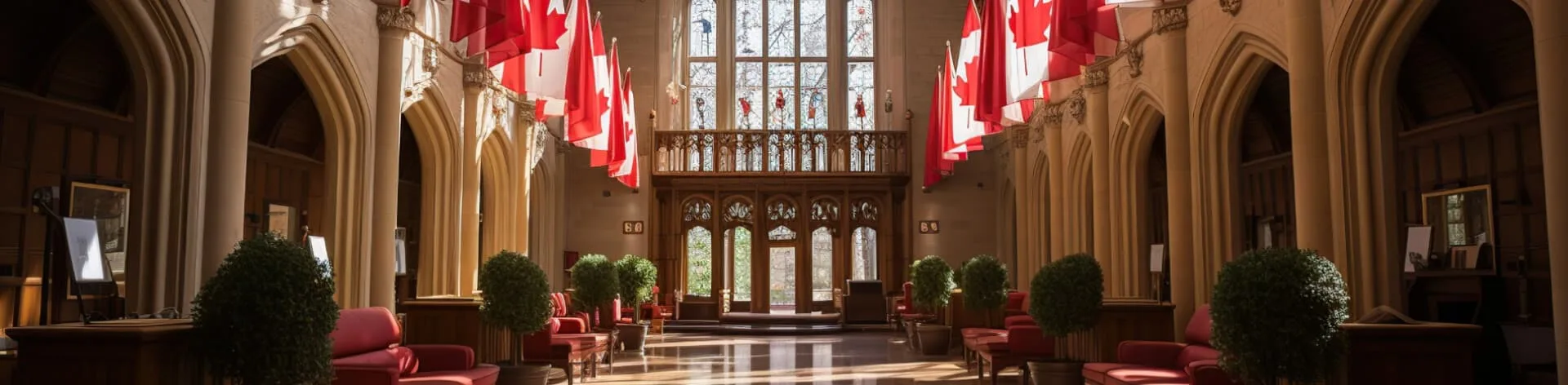 A grand hall decorated with Canadian flags and red seating.