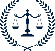 Dark blue logo featuring scales of justice and laurel wreath.