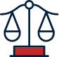 A graphic of balanced scales representing justice in blue and red.