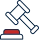 Stylized illustration of a legal gavel and button.