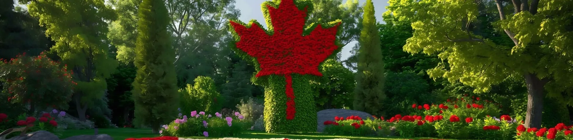 A sculpted red maple leaf surrounded by colorful flowers in a garden.