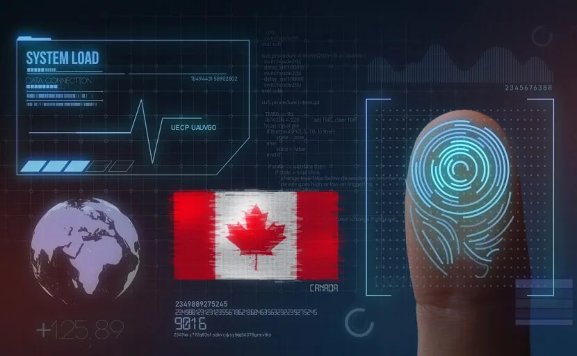 A digital biometric interface with a fingerprint and Canadian flag.