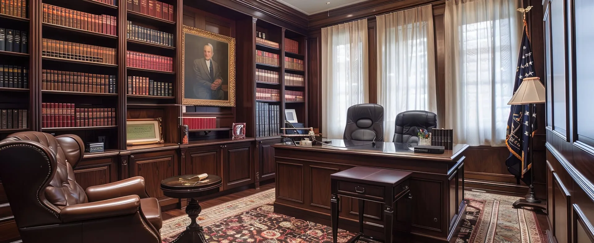 An interior view of a law office with dark wood furniture.