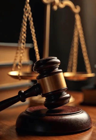 A gavel and scales of justice on a desk.