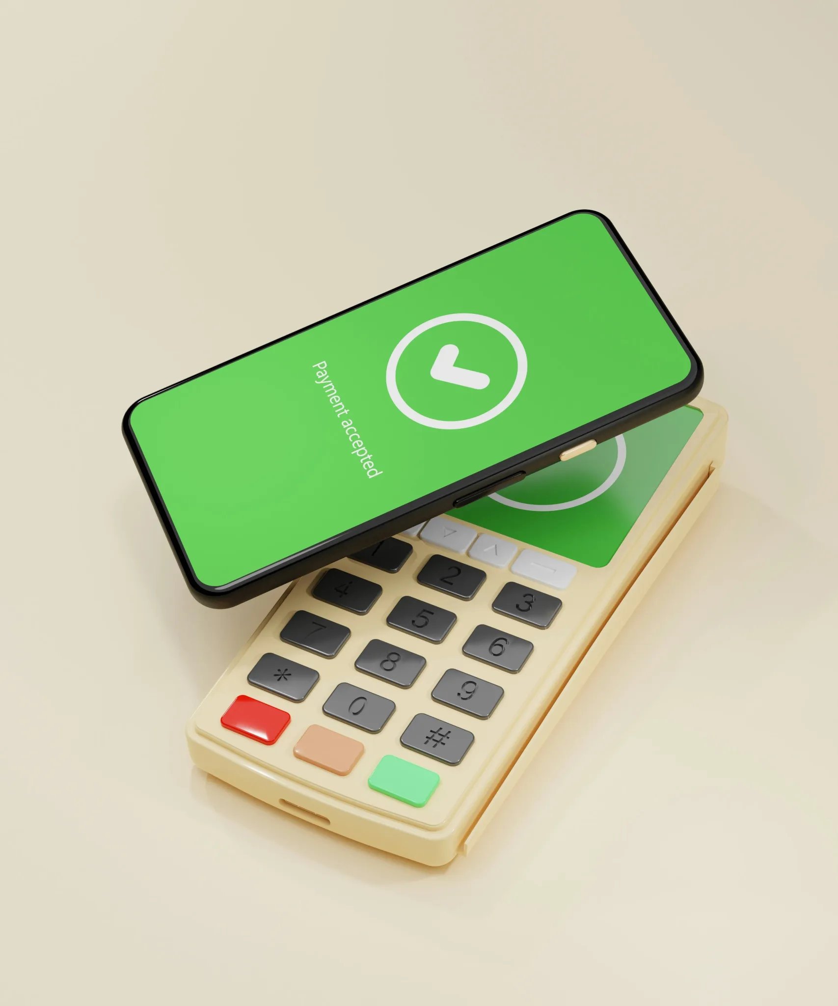 Mobile payment interface on a smartphone next to a payment terminal.