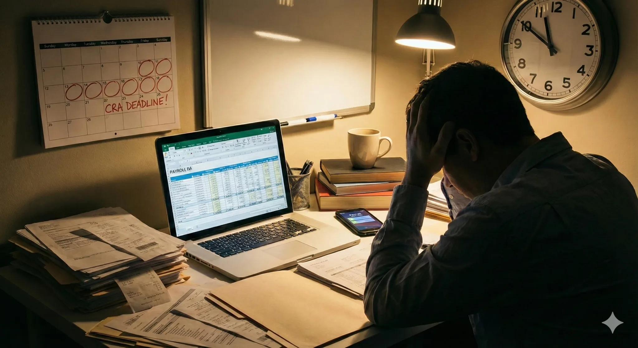 A stressed person at a cluttered desk with a laptop and calendar.