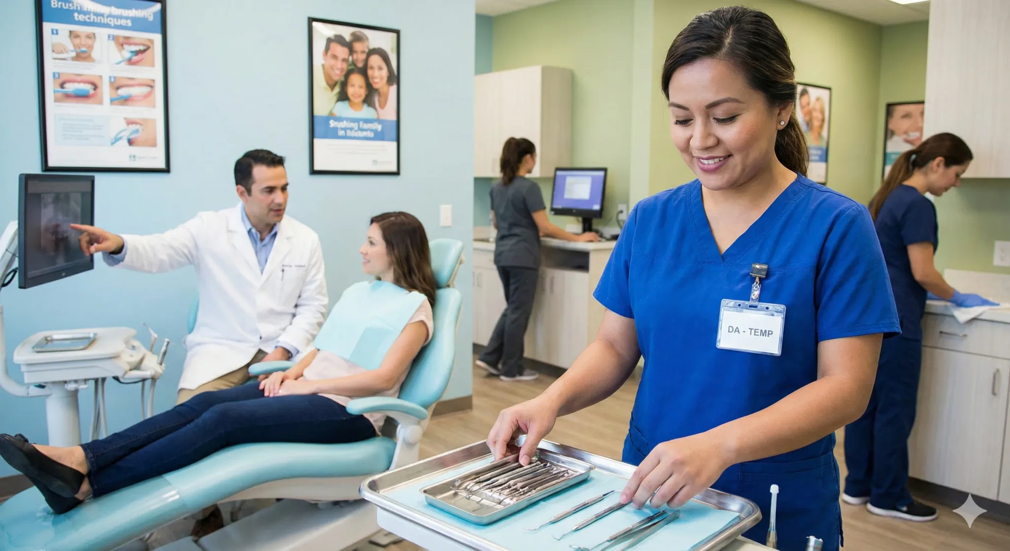 Dental assistant preparing instruments in a modern clinic.