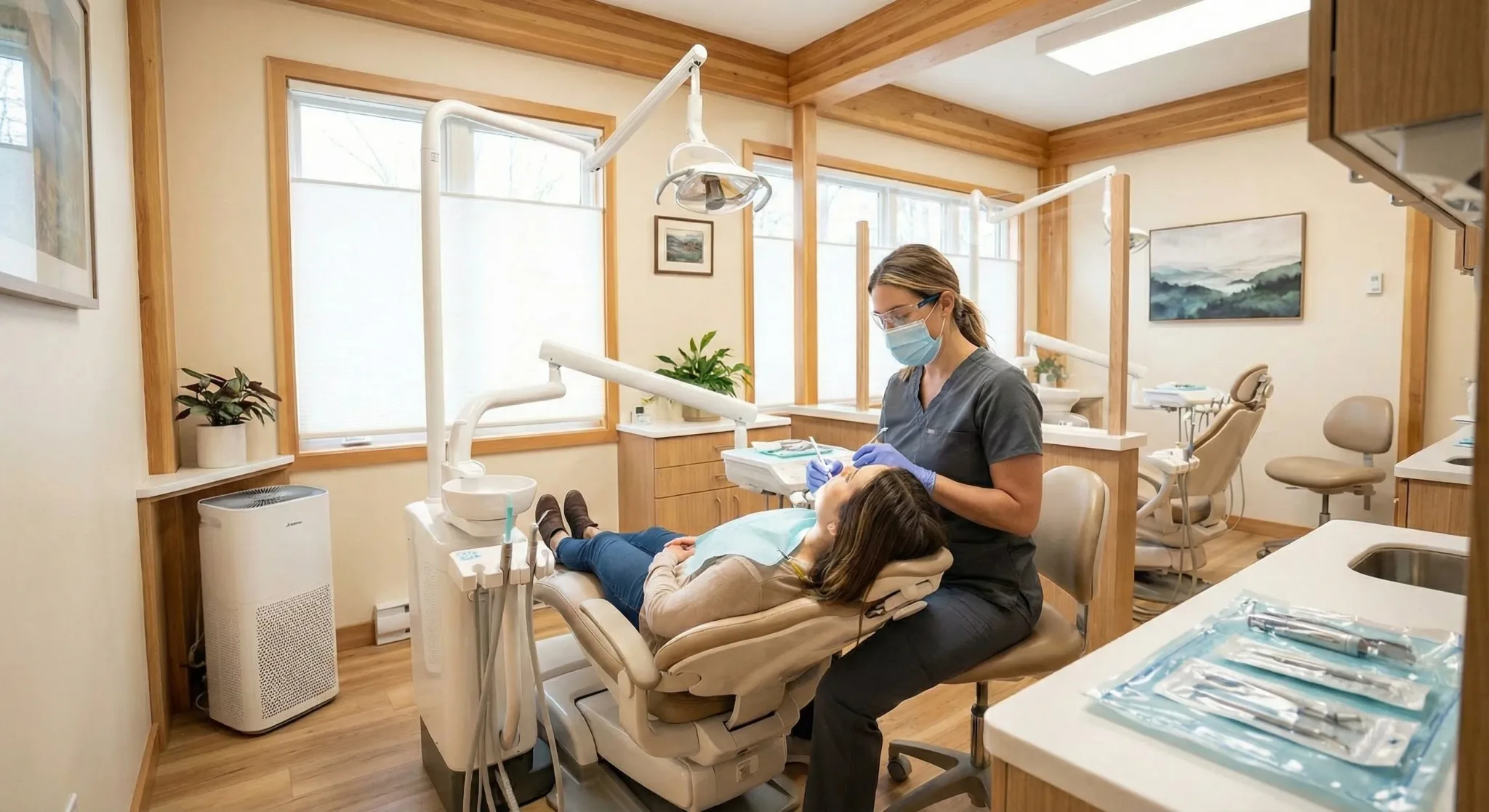 A dentist treating a patient in a modern dental office.