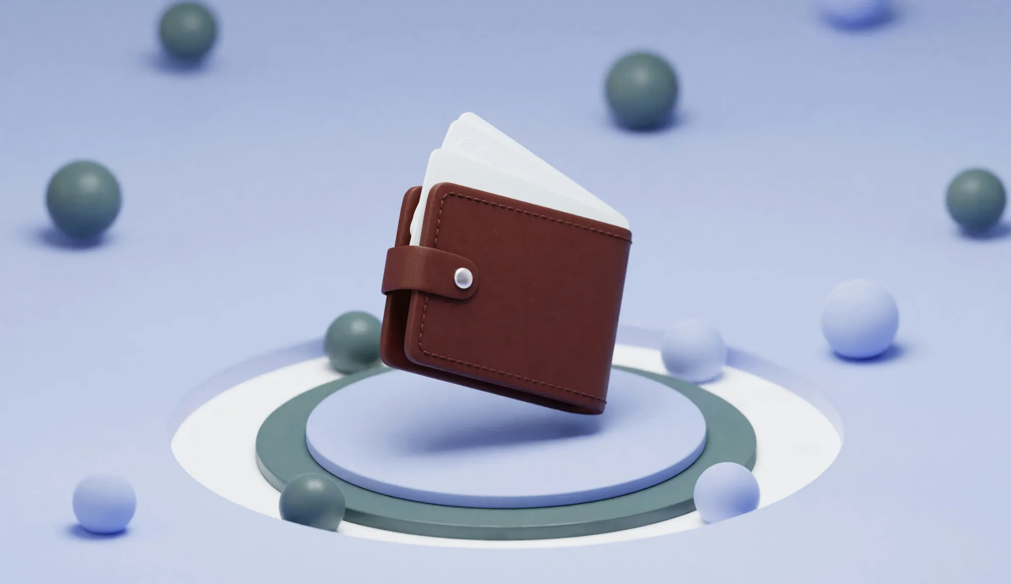 A brown wallet on a pastel blue background with spheres.