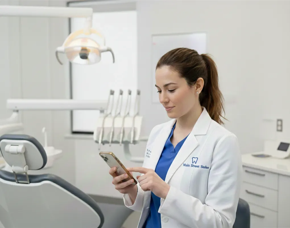 A dental professional using a smartphone in a dental office.