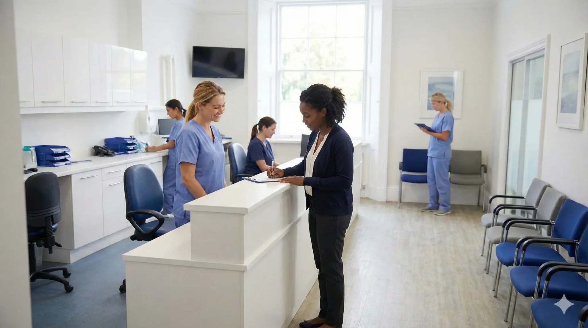 A modern dental office with staff assisting patients.