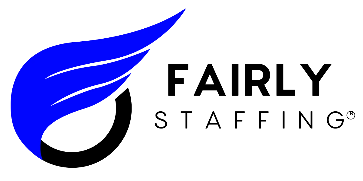 Fairly Staffing logo featuring a blue wing design.