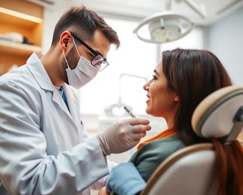 A dentist examining a patient in a dental office.