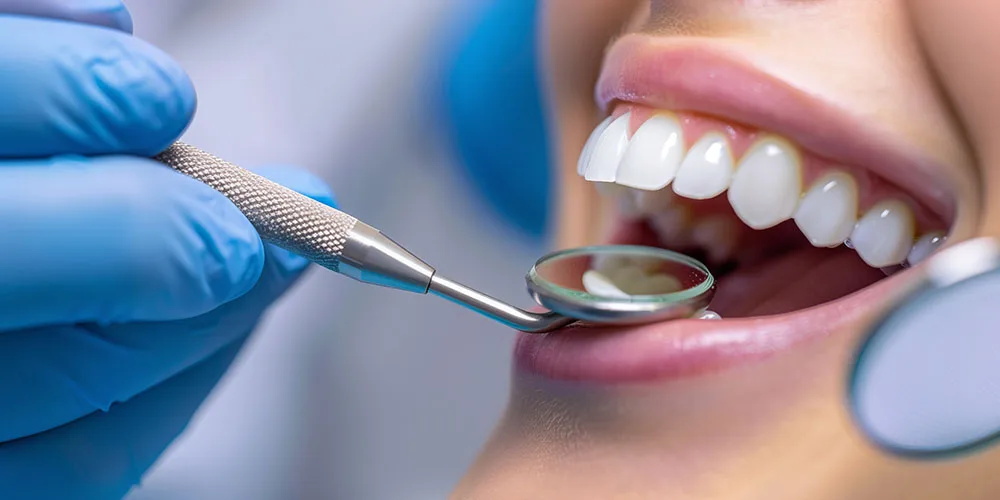 Close-up of a dental examination with healthy teeth.